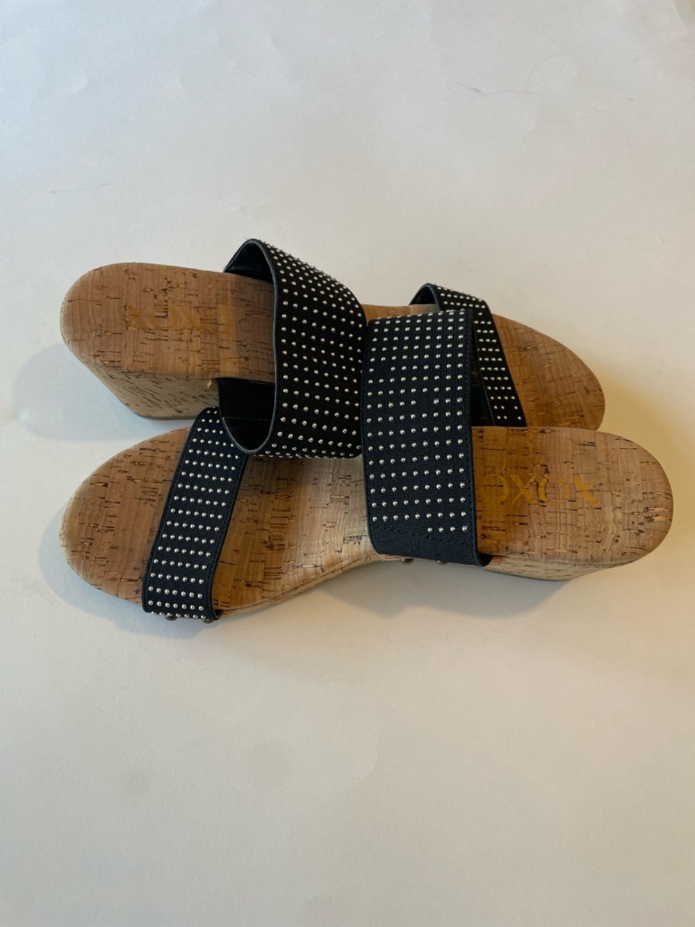 XOXO Black Studded “Janie” Cork Wedge Slides